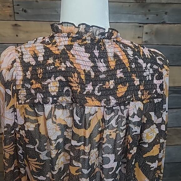 Anthropologie O.P.T. Black Pink Floral Sheer Long Sleeve Smocked top SZ M - Picture 6 of 9
